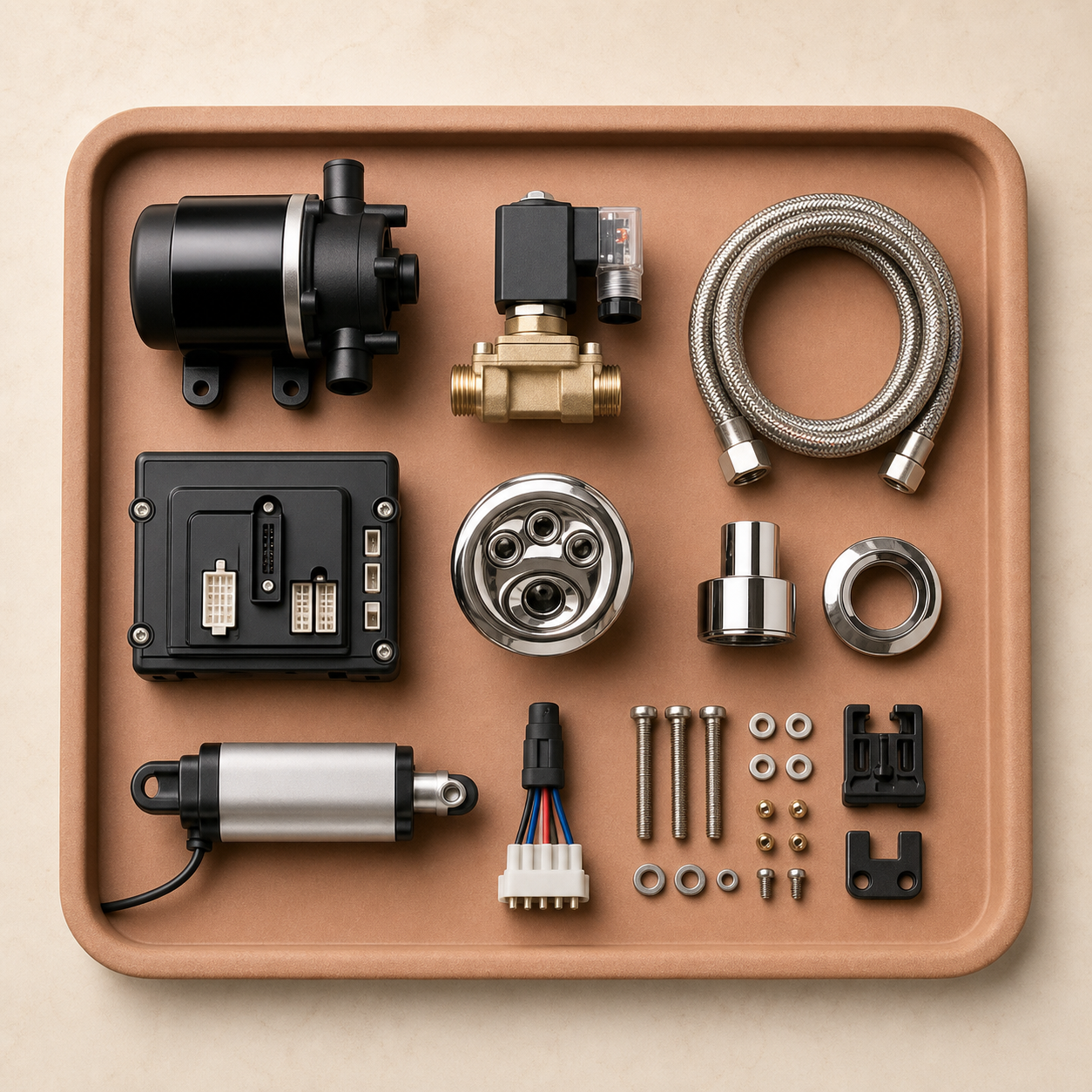 Pedicure chair pumps, valves, controls, fittings, and replacement hardware