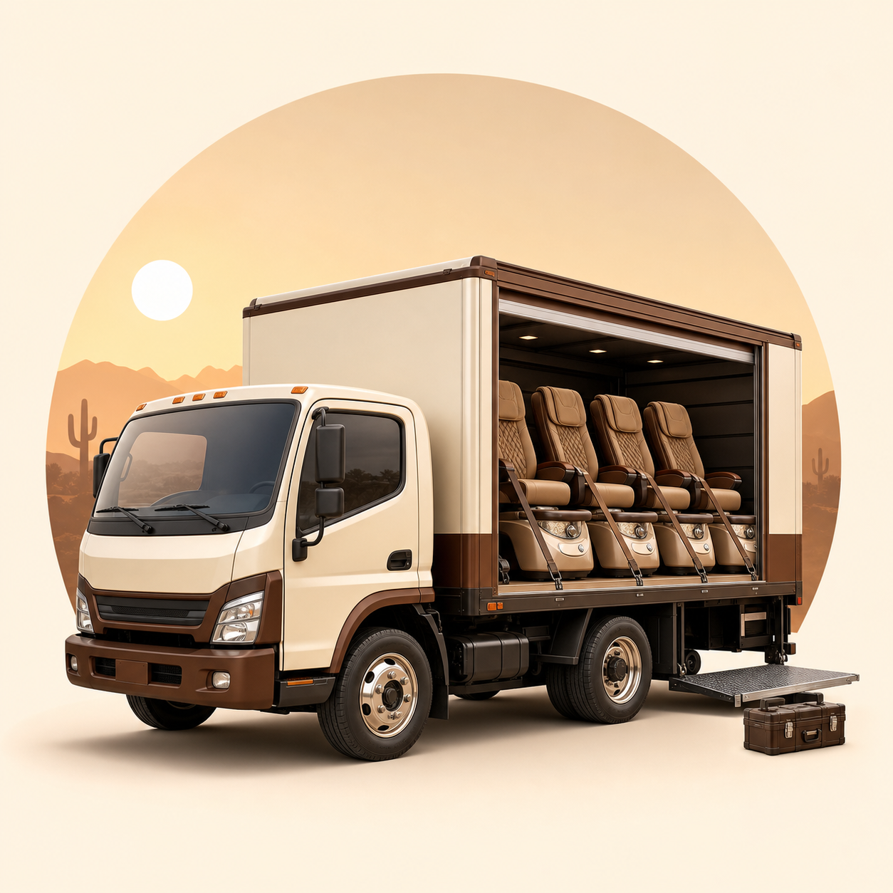 Local pedicure chair delivery truck carrying four secured chairs