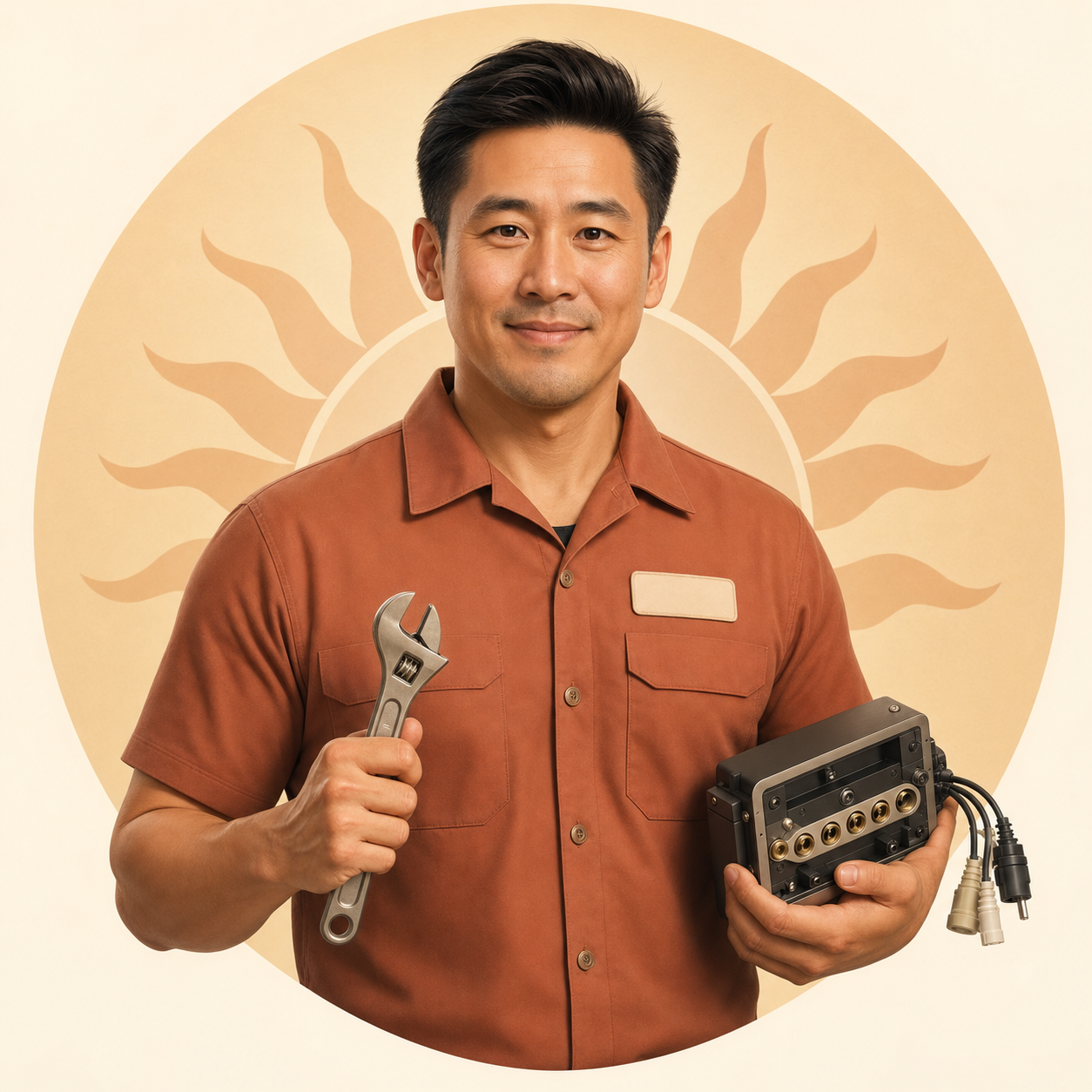 Asian pedicure chair hardware technician holding service tools